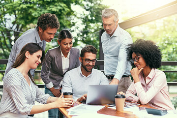 Ideas, meeting and business people in cafe with laptop for strategy, collaboration and workshop. Research, development and team at coffee shop for online planning, startup proposal or design project