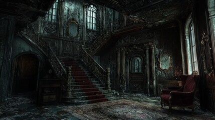 Spooky 3D Haunted Mansion: Sinister Vibes with Cracked Mirrors and Dusty Furniture