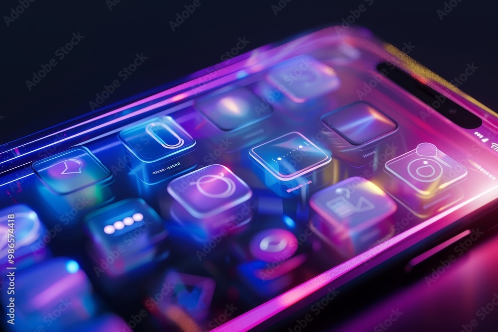 Poster a smartphone displaying a sleek, colorful app interface with vibrant icons resting on a dark fabric 