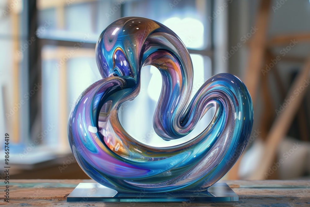 Poster Colorful abstract sculpture showcasing swirling shapes and smooth textures, illuminated to highlight curves and reflections in a bright studio setting