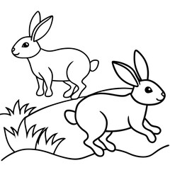 Line Art of Hopping Rabbits with Perked Ears in a Field Vector