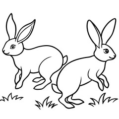 Line Art of Hopping Rabbits with Perked Ears in a Field Vector