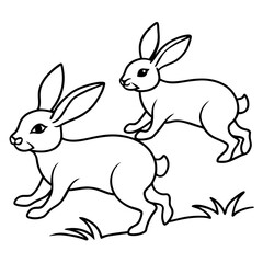 Line Art of Hopping Rabbits with Perked Ears in a Field Vector