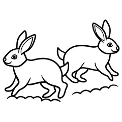 Line Art of Hopping Rabbits with Perked Ears in a Field Vector