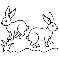 Line Art of Hopping Rabbits with Perked Ears in a Field Vector