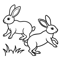 Line Art of Hopping Rabbits with Perked Ears in a Field Vector