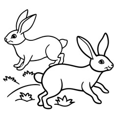 Line Art of Hopping Rabbits with Perked Ears in a Field Vector