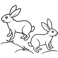 Line Art of Hopping Rabbits with Perked Ears in a Field Vector