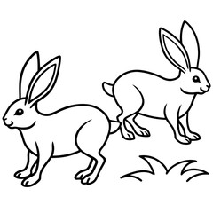 Line Art of Hopping Rabbits with Perked Ears in a Field Vector