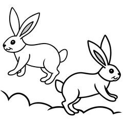 Line Art of Hopping Rabbits with Perked Ears in a Field Vector