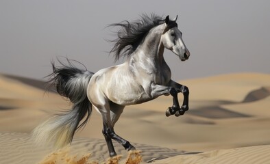 A majestic gray and white horse rearing up in the desert, its mane flowing gracefully as it jumps into the air against a backdrop of rolling sand dunes. The photo captures every detail with sharp focu