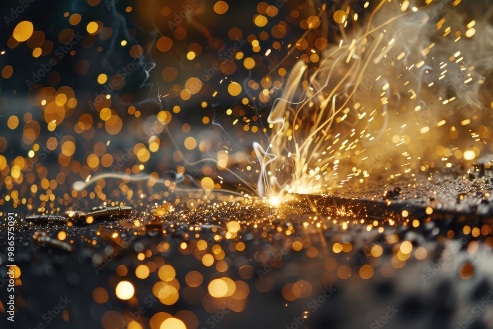 Poster Bright sparks fly as metal is welded in a workshop creating an energetic display of light and motion during the late afternoon