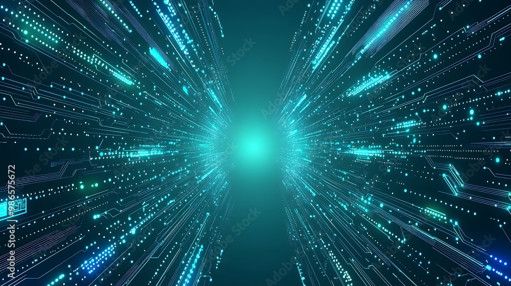 Poster Abstract digital data flow in a turquoise tunnel with glowing lines and light.