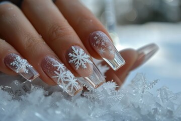 Elegant winter-themed manicure featuring snowflake designs on long, clear acrylic nails against a...