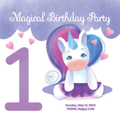 Cute Unicorn 1st Birthday Invitation - Magical Birthday Party Illustration Purple