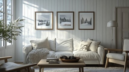 Fototapeta premium A simple living room with white walls and wood paneling. Picture frames with winter scenes add a touch of warmth.