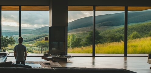 Fototapeta premium A man stands in a living room, looking out at expansive green hills through massive floor-to-ceiling windows.