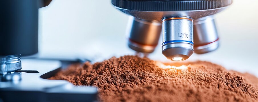 Close-up of clay particles in soil under a microscope, highlighting soil type