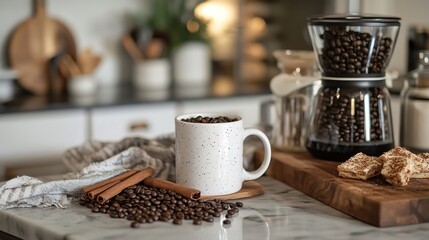 A cozy kitchen counter with a gourmet coffee break subscription box, filled with freshly roasted coffee beans, a new coffee mug, and gourmet treats, ready to be enjoyed.
