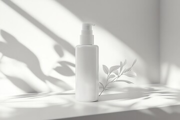 White Pump Bottle with Branch of Leaves on a White Surface
