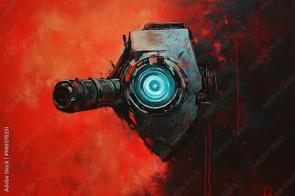 Poster Futuristic Cybernetic Robot Eye with Glowing Blue Lens Against Red Background