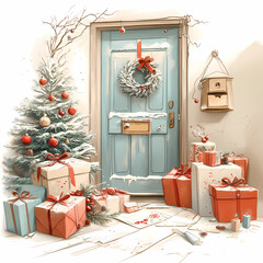 Christmas Presents and Wreath on a Snowy Doorstep
