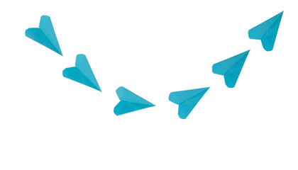 Blue paper airplanes flying in a curved formation on white background.