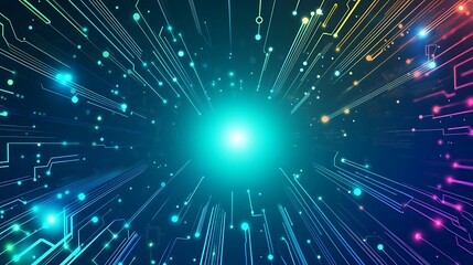 Fototapeta premium Abstract digital background with colorful glowing lines and dots radiating from the center creating a futuristic design.