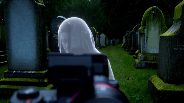 Ghostly apparition captured on camera in dark cemetery, glowing ethereal form paranormal activity, Halloween night