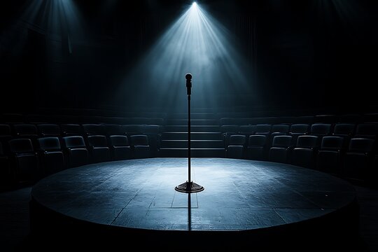 An empty stage with a microphone illuminated by a spotlight