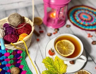 Cozy autumn photo with a cup of tea, flashlight, knitting, leaves and decor 