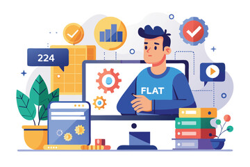 A young man is engaging with graphs and charts on his computer in a customizable illustration setting, 24/7 Customizable Flat Illustration Service