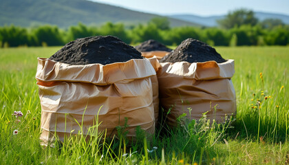 heavy paper bag filled with biochar on a grassy field, representing eco-friendly packaging and sustainable agriculture.