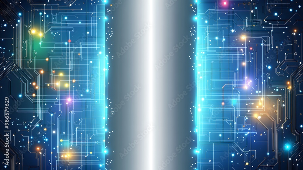 Poster abstract blue circuit board background with glowing white space in the middle.