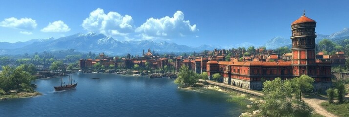 Scenic medieval city by river with lush greenery and blue sky