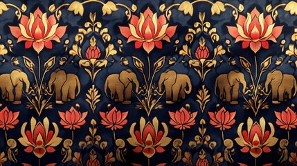 Seamless pattern with lotus flowers and elephants.