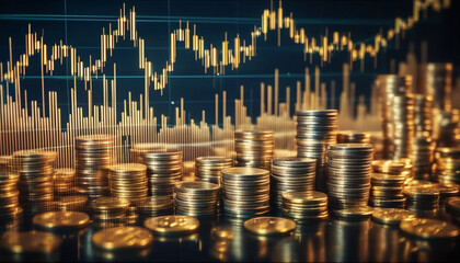 Stock market of gold coins with a rising stock chart in the background symbolize the increasing price of gold.