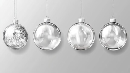 Beautiful Christmas tree ornament balls. Clear, glass Christmas balls that look real. 3D design of a Xmas decoration. Things for New Year's holiday. Drawing of a vector.