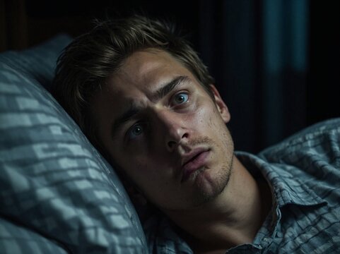 Young man Mark wakes up suddenly in the dark, surprised and alert while lying on his pillow in a dimly lit room. Generative AI