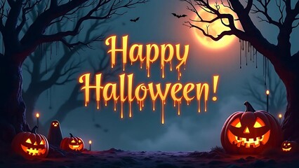 Happy Halloween, Spooky Night with Glowing Pumpkins, Bats, and Full Moon
