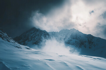 Snowy mountain peak under dramatic storm clouds
