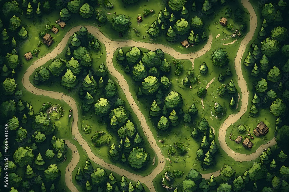 Poster top down view of a forest path with buildings and trees