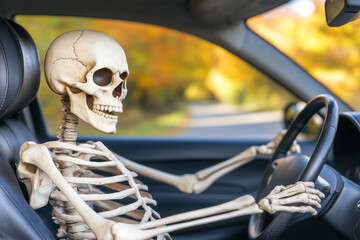 skeleton driving a car, funny realistic Halloween concept