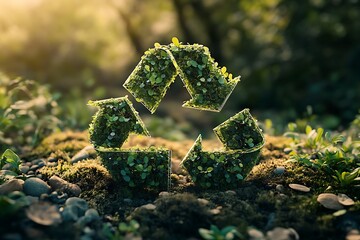 Green Recycle Symbol made of moss and plants in nature.