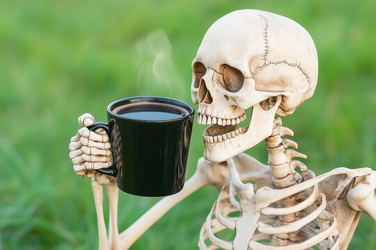 skeleton drinking a black cup of coffee, funny realistic Halloween concept