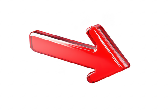 A shiny red arrow pointing right on a transparent background, symbolizing direction or movement.