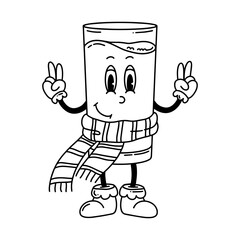 Groovy line vector Christmas glass of Milk. Hand drawn 70s 60s 50s character in trendy style. Merry Christmas and Happy New year