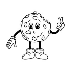 Christmas Groovy line vector chocolate chip Cookie. Hand drawn 70s 60s 50s character in trendy style. Merry Christmas and Happy New year