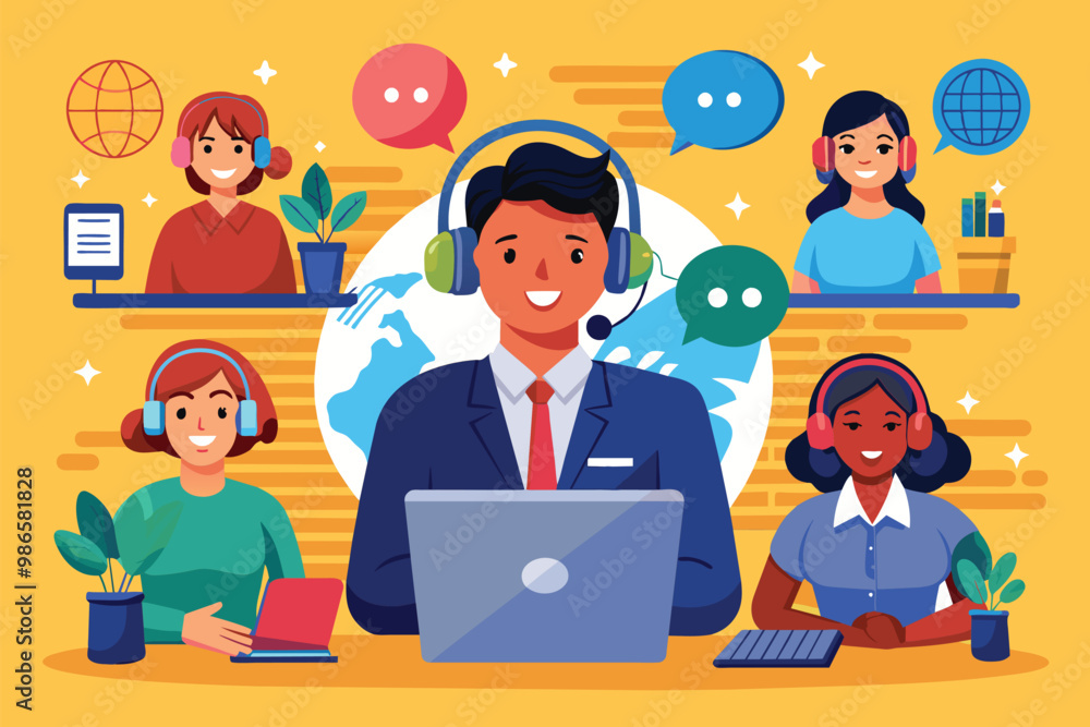 Poster global customer service hotline operators engaging with clients from various locations, 24/7 global 