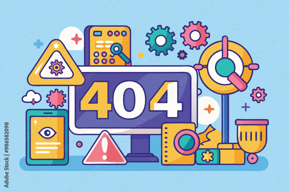 Poster this flat illustration showcases various error icons with a prominent 404 error message and technica